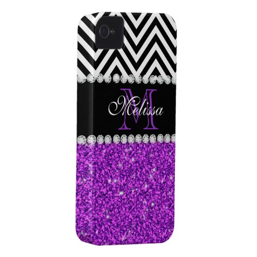 PURPLE GLITTER BLACK CHEVRON MONOGRAMMED Case-Mate iPhone CASE (Back/Right)