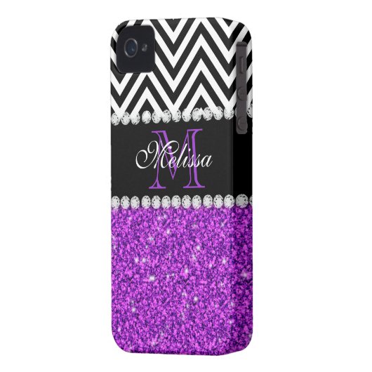 PURPLE GLITTER BLACK CHEVRON MONOGRAMMED Case-Mate iPhone CASE (Back Left)