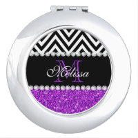 PURPLE GLITTER BLACK CHEVRON MONOGRAMMED COMPACT MIRROR