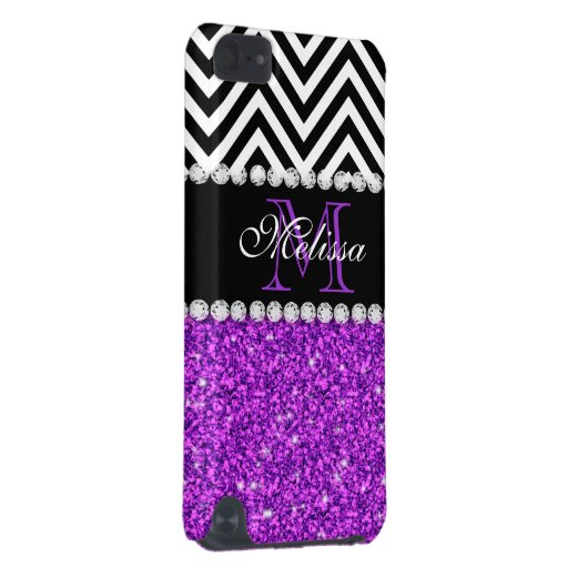 PURPLE GLITTER BLACK CHEVRON MONOGRAMMED iPod TOUCH (5TH GENERATION) COVER (Back/Right)