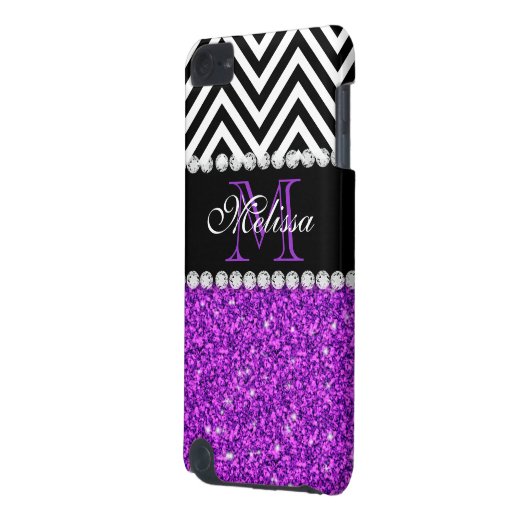 PURPLE GLITTER BLACK CHEVRON MONOGRAMMED iPod TOUCH (5TH GENERATION) COVER (Back Left)