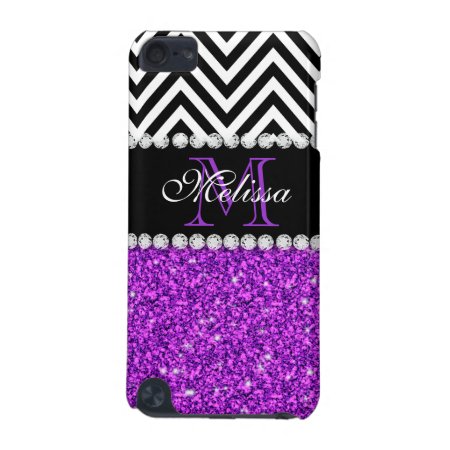 Purple Glitter Black Chevron Monogrammed Ipod Touch (5th Generation) C