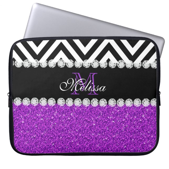 PURPLE GLITTER BLACK CHEVRON MONOGRAMMED LAPTOP SLEEVE (Front)