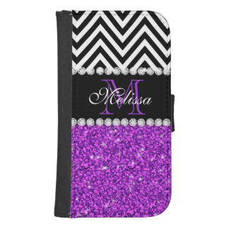 PURPLE GLITTER BLACK CHEVRON MONOGRAMMED GALAXY S4 WALLET CASE