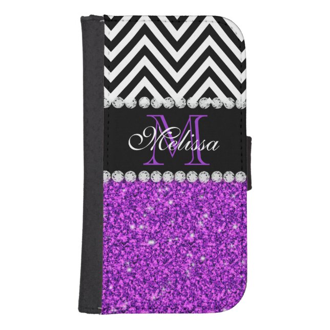 PURPLE GLITTER BLACK CHEVRON MONOGRAMMED SAMSUNG GALAXY WALLET CASE (Front)