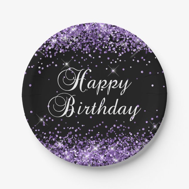 Purple Glitter Black Happy Birthday Paper Plates (Front)