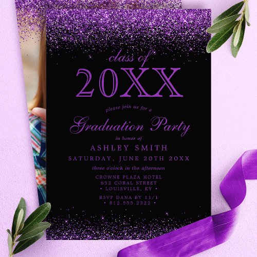 Purple Glitter Black Photo Graduation Invitation