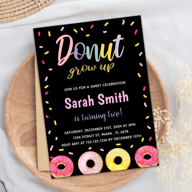 Purple Glitter Black Pink Donut Birthday Invitation (Purple Glitter Black Pink Donut Birthday Invitation)