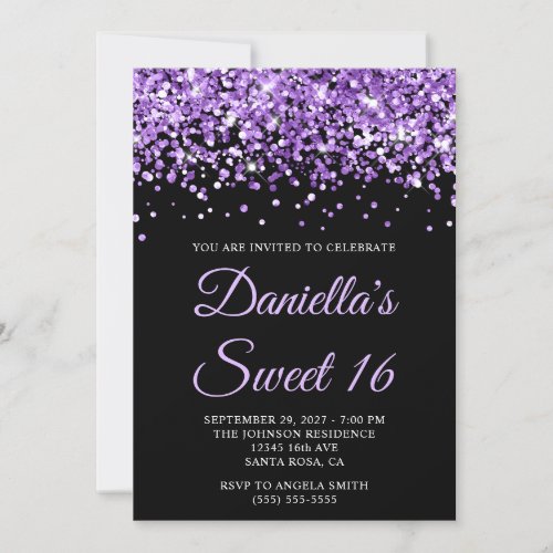 Purple Glitter Black Sweet 16 Invitation