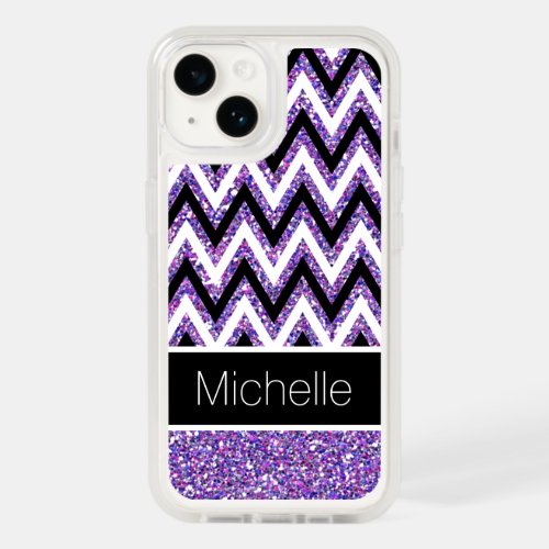 Purple Glitter Black White Chevrons iPhone 14 Case