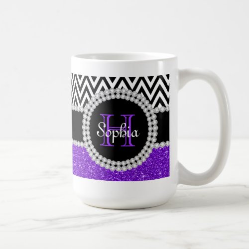 Purple Glitter Black  White Chevrons Monogram Mug