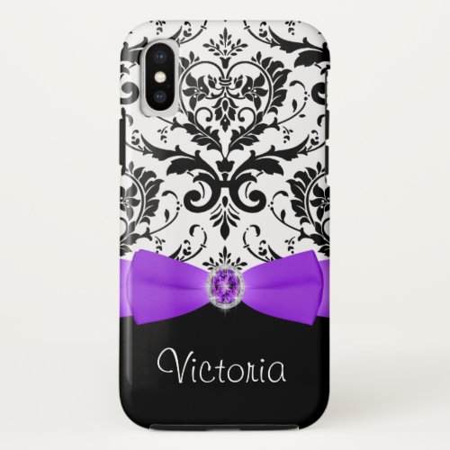 Purple Glitter Black White Damask Pattern iPhone X Case