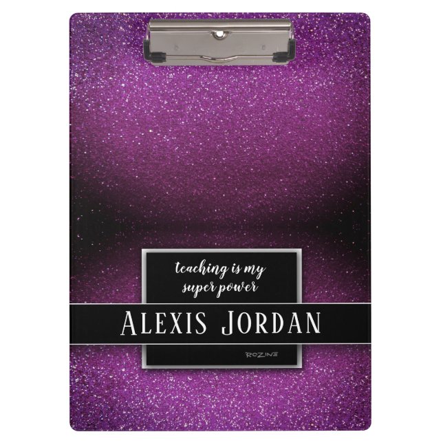 Purple Glitter Black White Teachers Super Powers Clipboard (Front)
