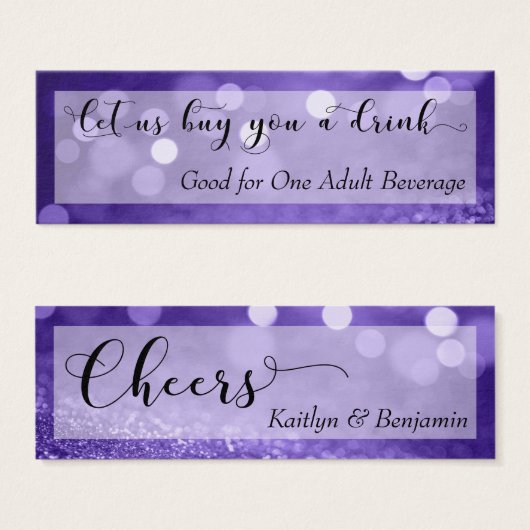 Purple Glitter Bokeh Script Mini Drink Ticket (Front & Back)