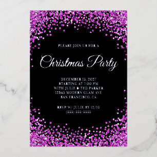 Purple Glitter Border Black Christmas Party Foil Invitation