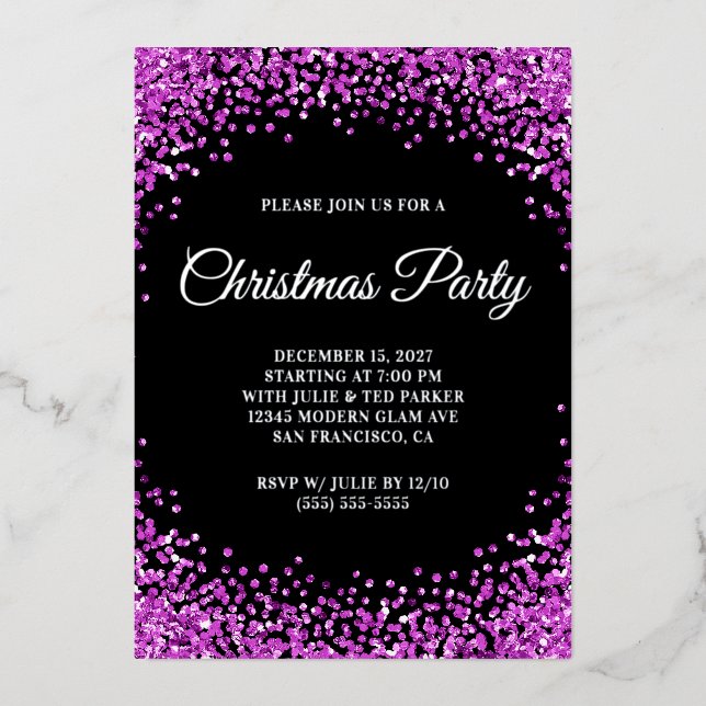 Purple Glitter Border Black Christmas Party Foil Invitation (Front)