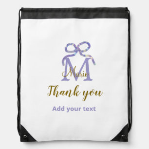 Purple glitter bow add name letter monogram thank  drawstring bag