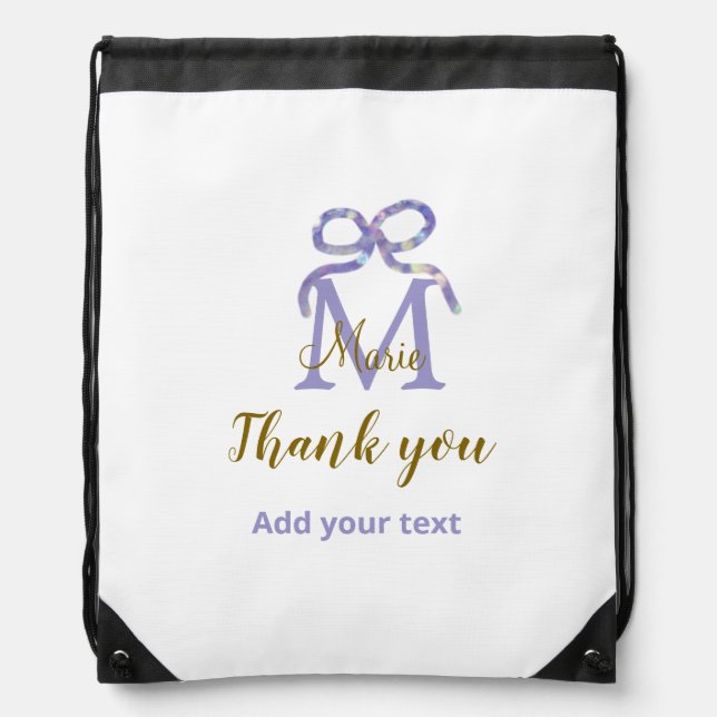Purple glitter bow add name letter monogram thank  drawstring bag (Front)