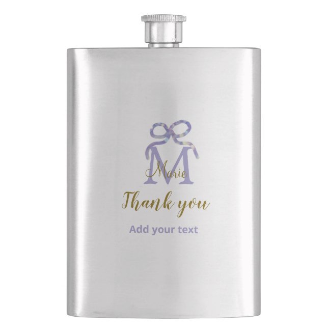 Purple glitter bow add name letter monogram thank  flask (Front)