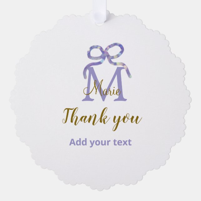 Purple glitter bow add name letter monogram thank  ornament card (Front)