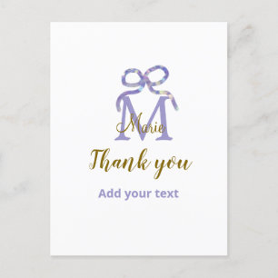 Purple glitter bow add name letter monogram thank postcard