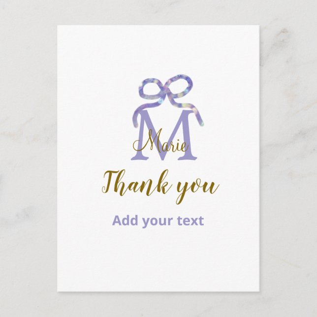 Purple glitter bow add name letter monogram thank  postcard (Front)