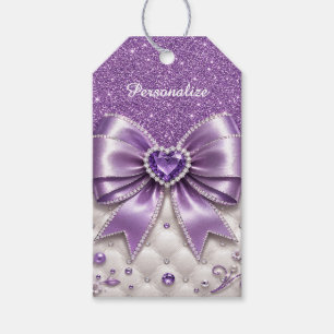 Purple Glitter Bow Heart Personalized Glam Design Gift Tags