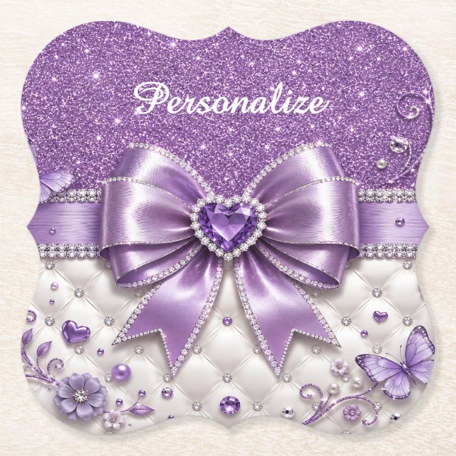Purple Glitter Bow Heart Personalized Glam Design Paper Coaster (Front)