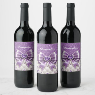 Purple Glitter Bow Heart Personalized Glam Design Wine Label