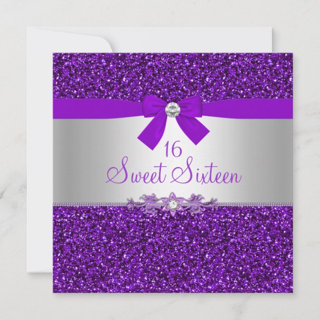 Purple Glitter & Bow Sweet Sixteen Invite (Front)