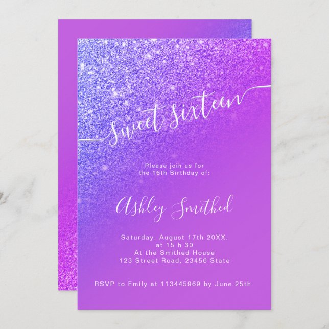 Purple glitter bright ombre chic script sweet 16 2 invitation (Front/Back)