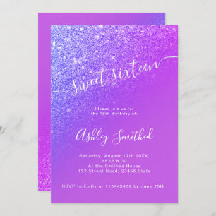 Purple glitter bright ombre chic script sweet 16 2 invitation