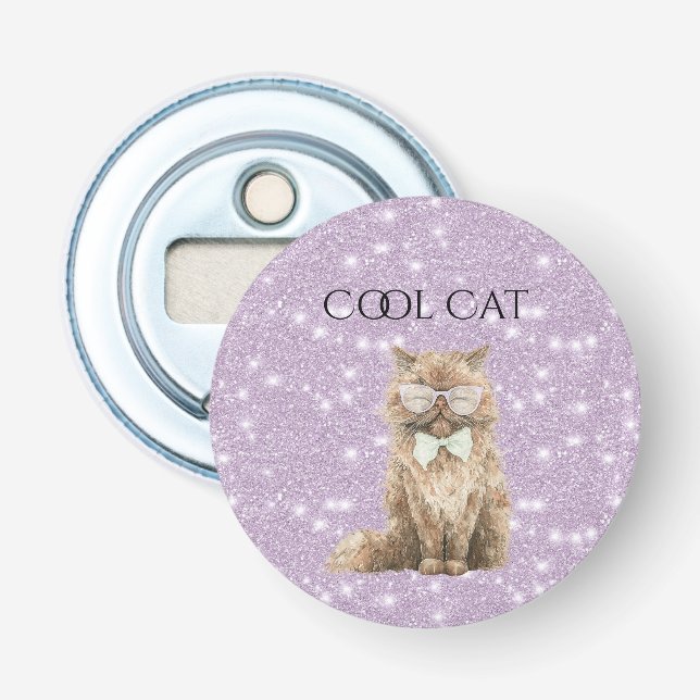 Purple Glitter Brown Cool Cat Glasses   Bottle Opener (Front)