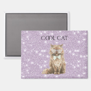 Purple Glitter Brown Cool Cat Glasses Magnet
