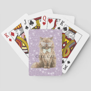 Purple Glitter Brown Cool Cat with Glasses Poker Cards