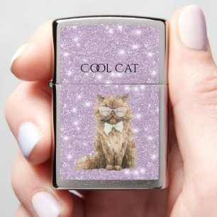 Purple Glitter Brown Cool Cat with Glasses Zippo Lighter
