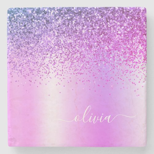 Purple Glitter Brushed Girly Monogram Name Stone Coaster