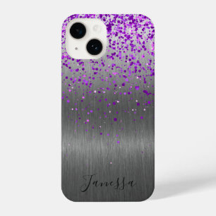 Purple Glitter Brushed Metal iPhone 14 Case