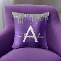 Purple Glitter Brushed Metal Monogram Throw Pillow