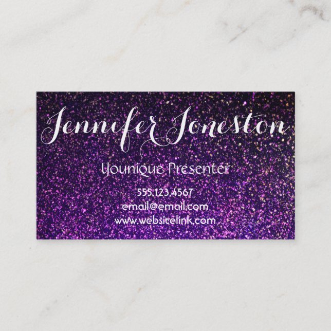 purple glitter business cards, presenter cards (Front)
