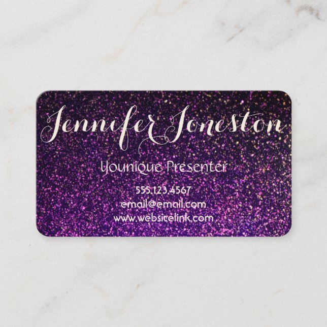 purple glitter business cards, presenter cards (Front)