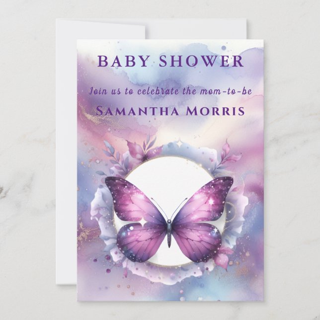Purple Glitter Butterfly Baby Shower Invitation (Front)