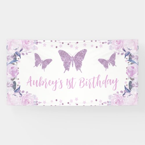Purple glitter Butterfly Birthday Backdrop Banner