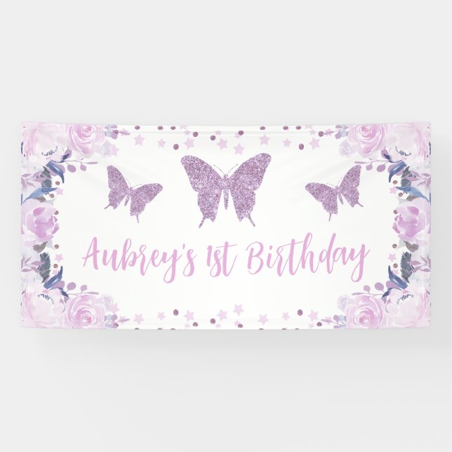 Purple glitter Butterfly Birthday Backdrop Banner (Horizontal)
