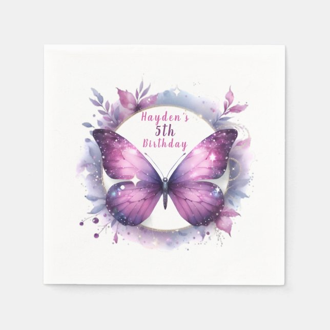 Purple Glitter Butterfly - Birthday Napkins (Front)