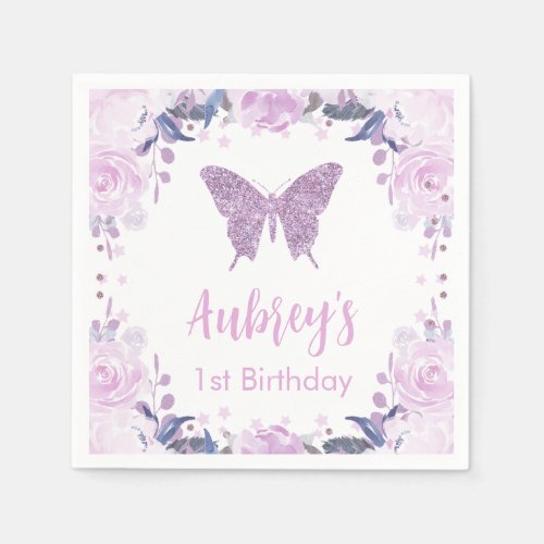 Purple glitter Butterfly Birthday Paper Napkin