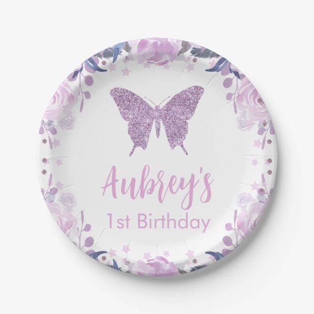 Purple glitter Butterfly Birthday Paper Napkin Paper Plates (Front)