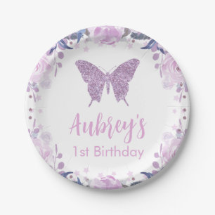 Purple glitter Butterfly Birthday Paper Napkin Plates