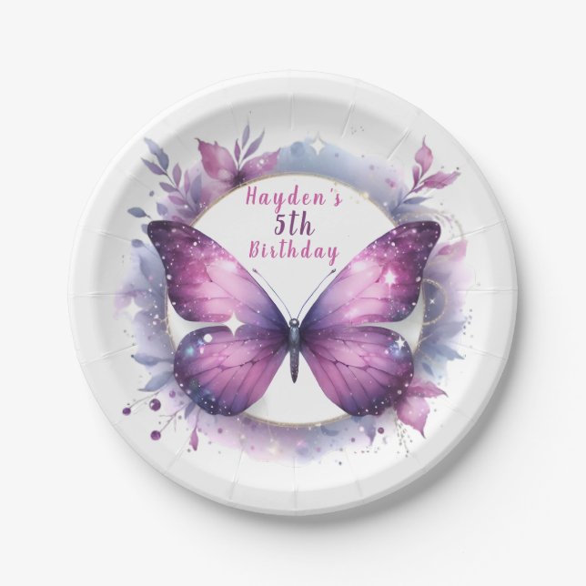 Purple Glitter Butterfly - Birthday Paper Plates (Front)