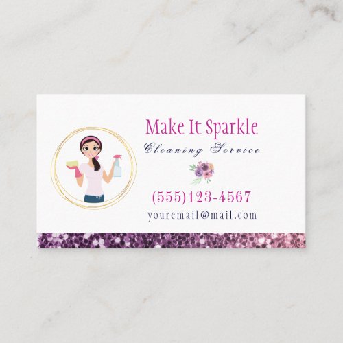 Purple Glitter Cartoon Maid Cleaning Services Business Card